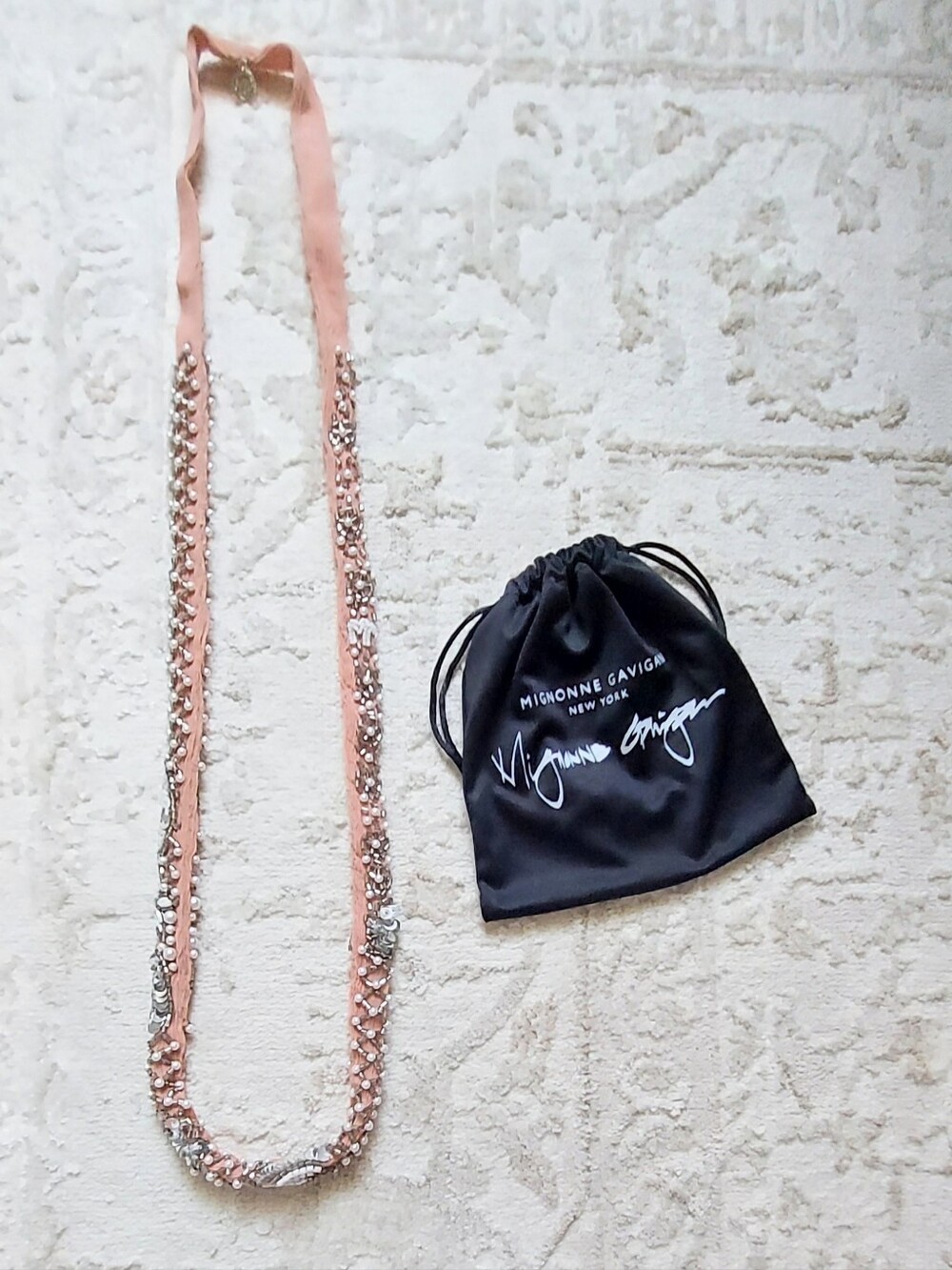 Mignonne Gavigan Pearl Beaded Fabric Necklace In Beige with Branded Pouch